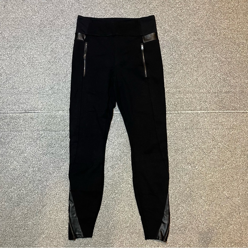 Athleta Luxe Ponte Faux Leather Trimmed Leggings Womans Small Black Moto Style